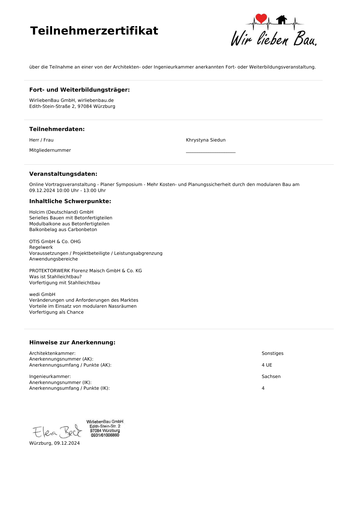 Teilnehmerzertifikat